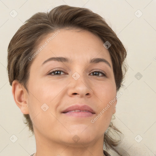 Neutral white young-adult female with short  brown hair and brown eyes