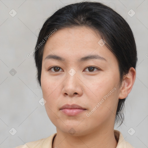 Neutral asian young-adult female with medium  brown hair and brown eyes