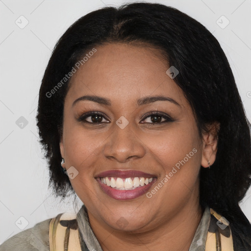 Joyful latino young-adult female with long  brown hair and brown eyes