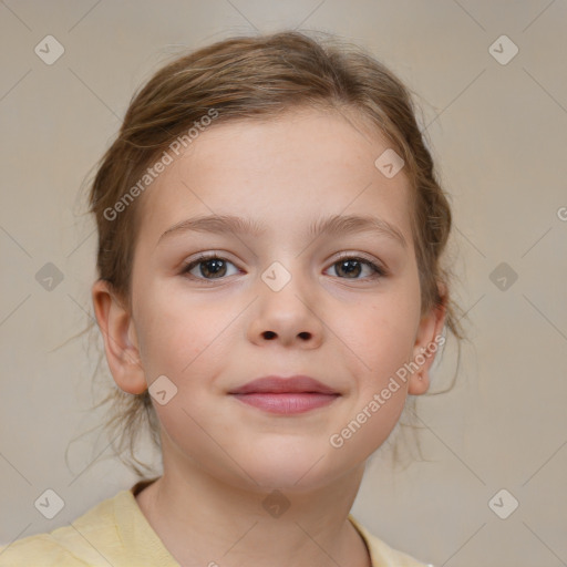 Joyful white child female with medium  brown hair and brown eyes