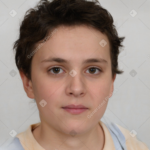 Neutral white young-adult female with short  brown hair and brown eyes