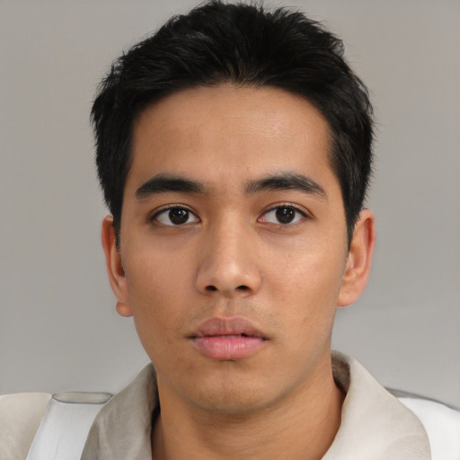 Neutral asian young-adult male with short  black hair and brown eyes