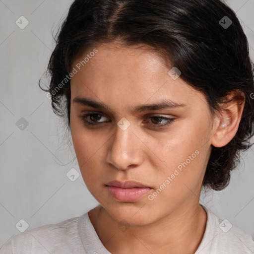 Neutral white young-adult female with medium  brown hair and brown eyes