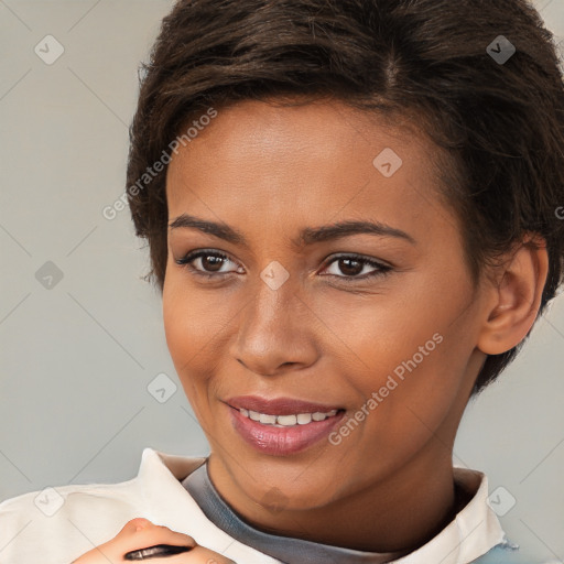 Joyful white young-adult female with short  brown hair and brown eyes