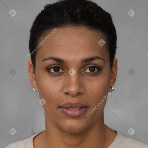 Joyful latino young-adult female with short  black hair and brown eyes