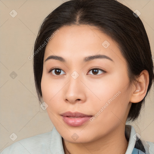 Neutral asian young-adult female with medium  brown hair and brown eyes