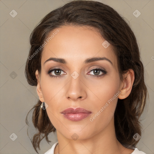 Neutral white young-adult female with medium  brown hair and brown eyes