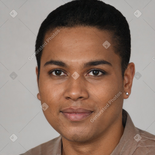 Joyful black young-adult male with short  black hair and brown eyes