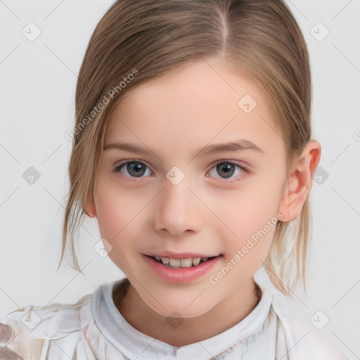 Joyful white child female with medium  brown hair and brown eyes