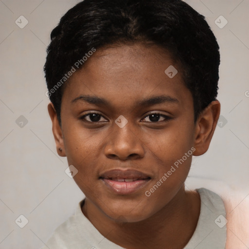 Joyful black young-adult female with short  black hair and brown eyes