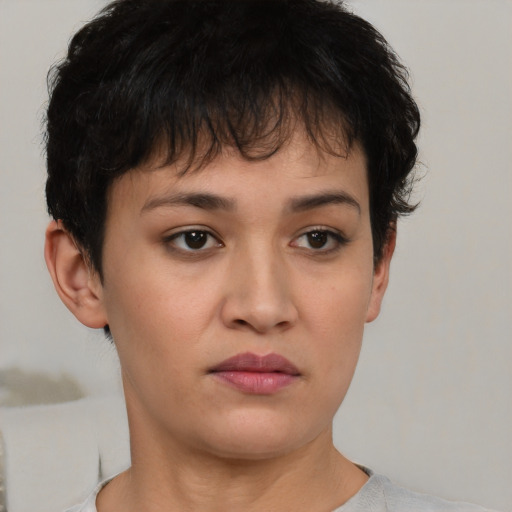 Neutral asian young-adult female with short  brown hair and brown eyes