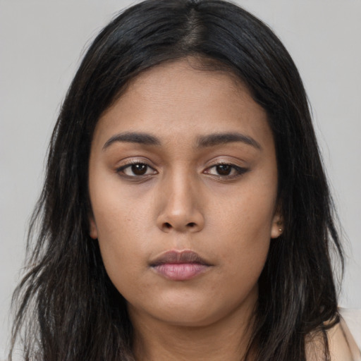 Neutral asian young-adult female with long  black hair and brown eyes