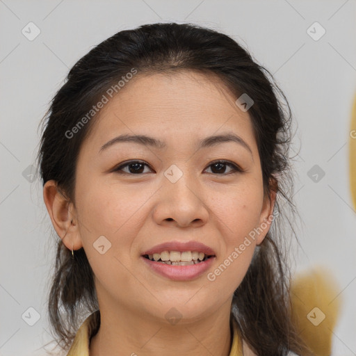 Joyful white young-adult female with medium  brown hair and brown eyes