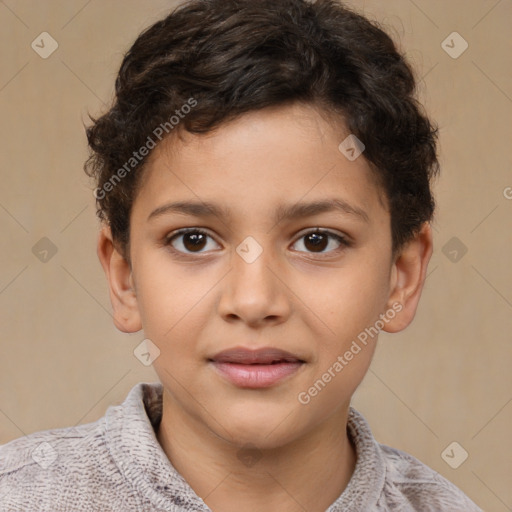 Joyful white child female with short  brown hair and brown eyes