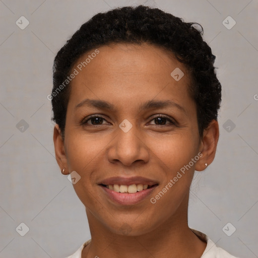 Joyful white young-adult female with short  brown hair and brown eyes