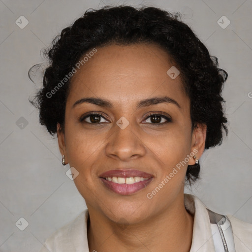 Joyful black young-adult female with short  brown hair and brown eyes