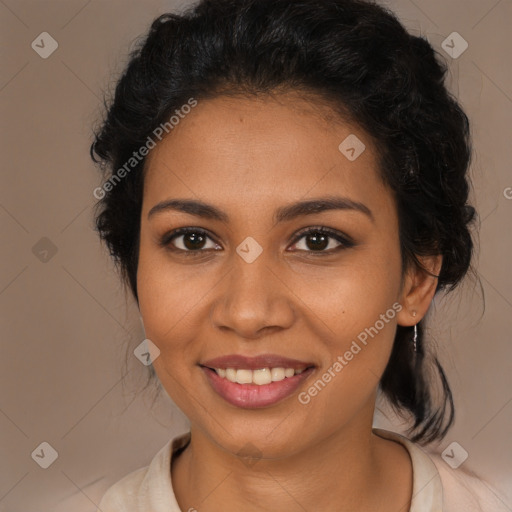 Joyful latino young-adult female with medium  brown hair and brown eyes