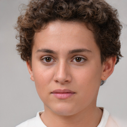 Neutral white young-adult female with short  brown hair and brown eyes
