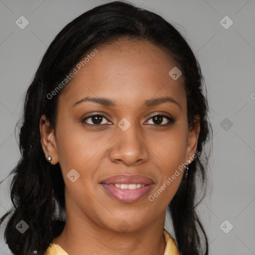 Joyful latino young-adult female with medium  brown hair and brown eyes