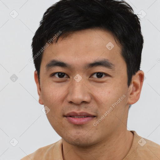 Neutral asian young-adult male with short  black hair and brown eyes