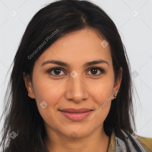 Joyful latino young-adult female with long  brown hair and brown eyes