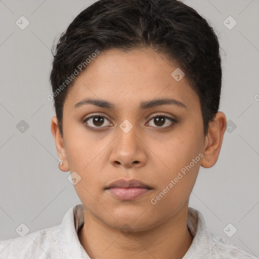 Neutral latino young-adult female with short  brown hair and brown eyes