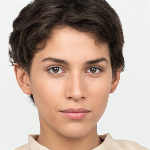 Neutral white young-adult female with short  brown hair and brown eyes