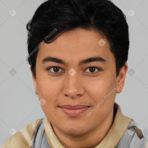 Joyful latino young-adult male with short  brown hair and brown eyes