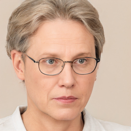 Neutral white middle-aged female with short  brown hair and blue eyes