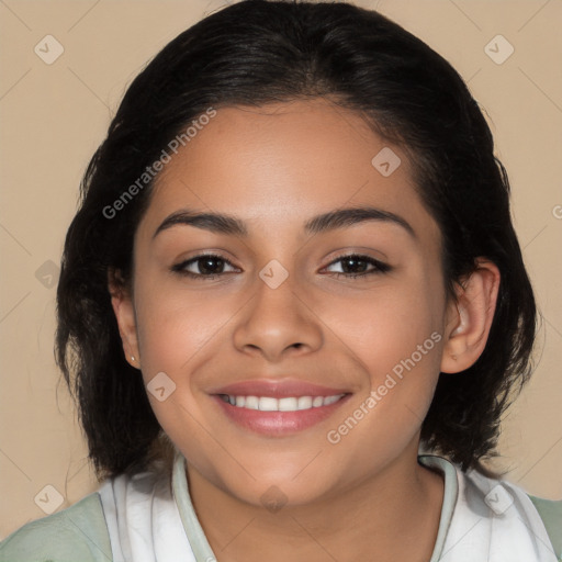 Joyful latino young-adult female with medium  brown hair and brown eyes