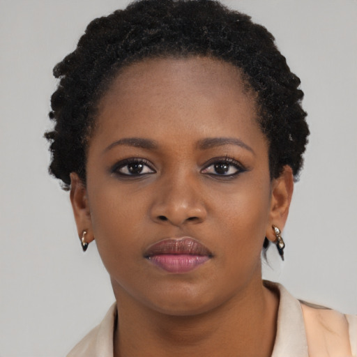Neutral black young-adult female with short  brown hair and brown eyes