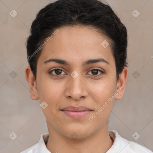 Joyful latino young-adult female with short  brown hair and brown eyes