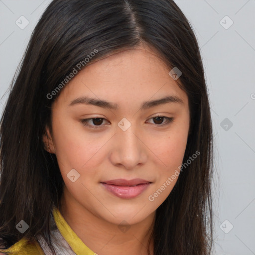 Joyful asian young-adult female with long  brown hair and brown eyes