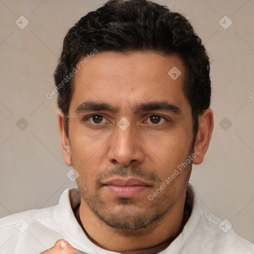 Neutral white young-adult male with short  black hair and brown eyes