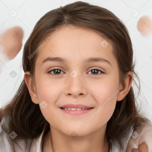 Joyful white child female with medium  brown hair and brown eyes