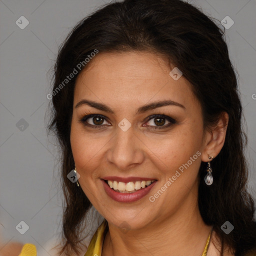 Joyful white young-adult female with long  brown hair and brown eyes