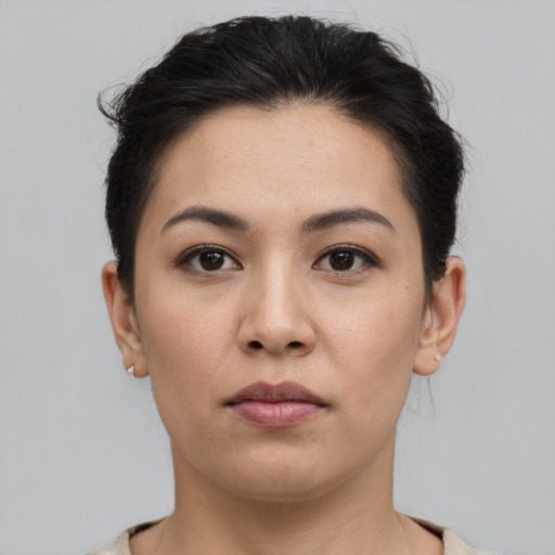 Neutral asian young-adult female with short  brown hair and brown eyes