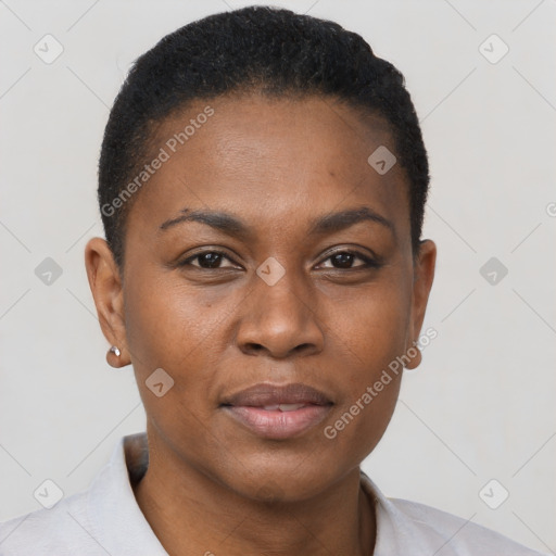 Joyful black young-adult female with short  black hair and brown eyes