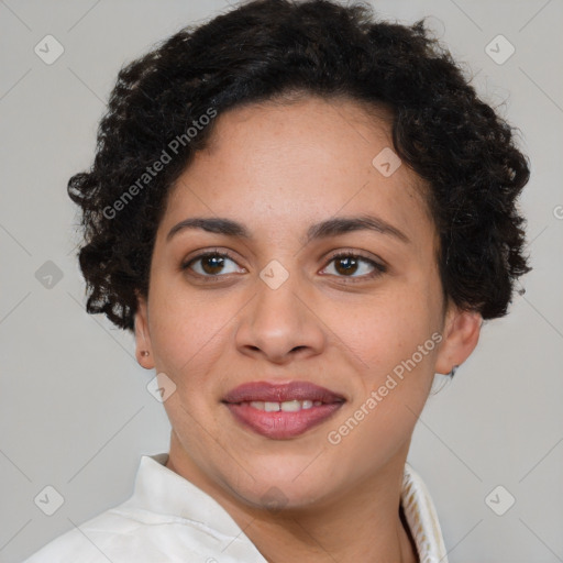 Joyful latino young-adult female with short  brown hair and brown eyes