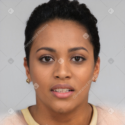 Joyful latino young-adult female with short  black hair and brown eyes