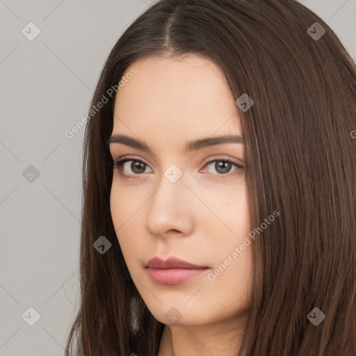 Neutral white young-adult female with long  brown hair and brown eyes