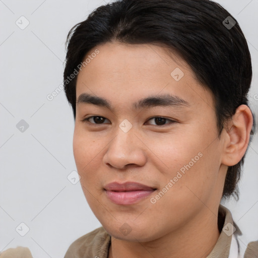 Joyful white young-adult male with medium  brown hair and brown eyes