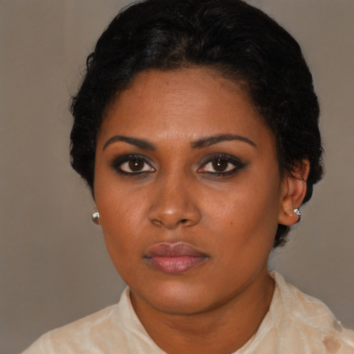 Neutral latino young-adult female with short  black hair and brown eyes