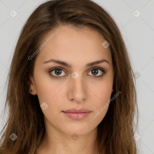 Neutral white young-adult female with long  brown hair and brown eyes