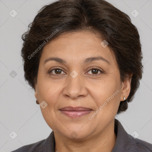 Joyful white adult female with short  brown hair and brown eyes