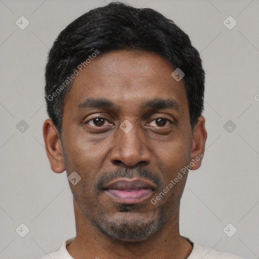 Neutral black young-adult male with short  black hair and brown eyes