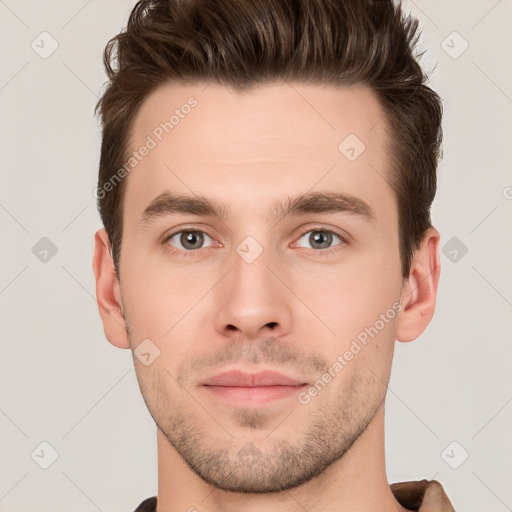 Neutral white young-adult male with short  brown hair and brown eyes