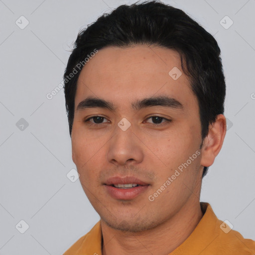 Neutral asian young-adult male with short  black hair and brown eyes