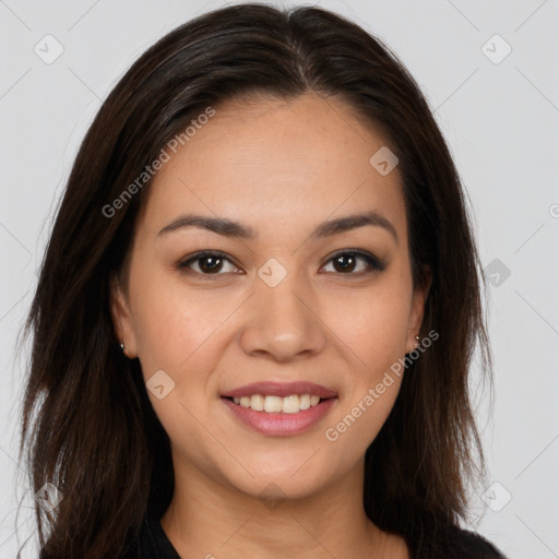 Joyful white young-adult female with long  brown hair and brown eyes