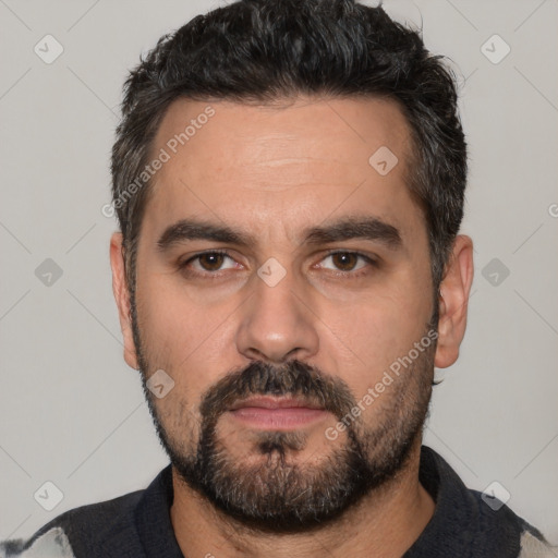 Neutral white adult male with short  black hair and brown eyes